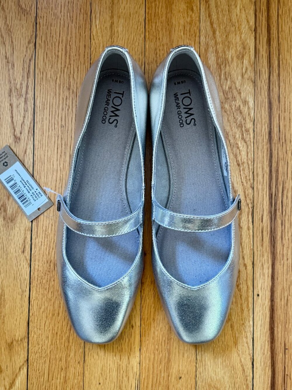 TOMS Shoes - Women's Bianca Silver Metallic Leather Mary Jane Flat - Size 9 NEW